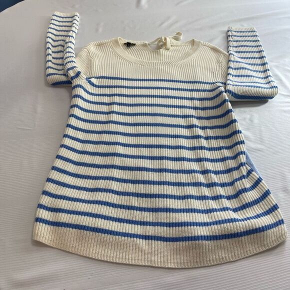 Talbots Womens MP Medium Petite Sweater Top White Blue Stripe Cotton Woven - Picture 6 of 8